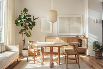 Scandinavian Serenity Dining Space. A bright and airy Scandinavian-style dining room, with wooden mid-century furniture and lush indoor plants creating a tranquil setting.