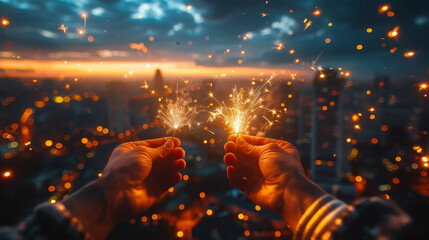 Companion Sparks: Pair of Hands with Fireworks and Bokeh Lights
