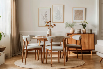 Fototapeta na wymiar Scandinavian Dining Room Charm. Cozy dining area with mid-century modern chairs, wooden table, and decorative botanical artwork.