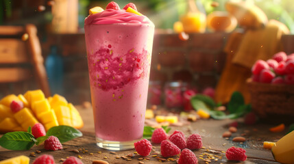 This creamy and dreamy image features a tall glass of mango and raspberry smoothie with fruits around