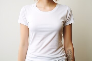 Young woman in white blank t-shirt, front view, mockup