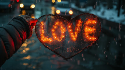 Heartfelt Celebration: "LOVE" Firework in Hand with Bokeh Hearts
