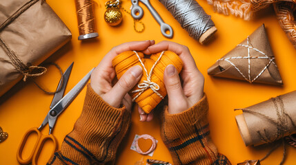Hands tying a string around a wrapped gift among various wrapping tools and decorations on a vibrant orange background.
 - obrazy, fototapety, plakaty