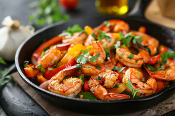 Stir fry spicy shrimps with vegetables in iron pan.