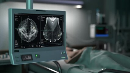 Performing the preventive screening test of the patients chest at the clinic. Preventive screening test analysing the breast of a sick person. Preventive screening test searching for dangerous cancer.