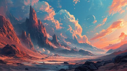 surreal landscape that challenges perceptions, incorporating unconventional elements and unique perspectives to create an otherworldly feel - obrazy, fototapety, plakaty