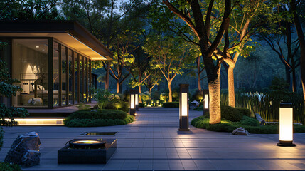 A serene outdoor setting illuminated by lights powered by sustainable nuclear battery technology, portraying the peaceful coexistence of nature and advanced energy