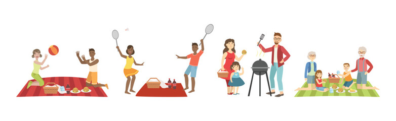 People Character Have Picnic in Park Sitting and Eating Vector Set