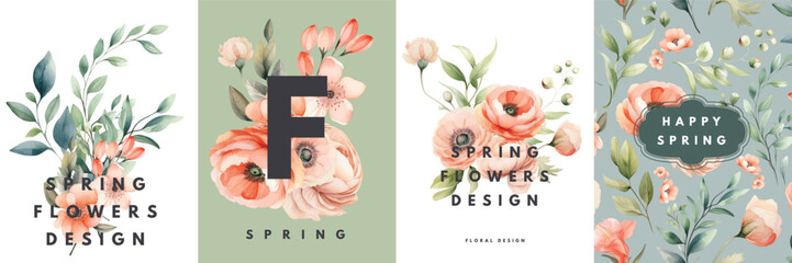 Watercolor floral cards templates design with summer bright wild flowers and leaves - 757289320