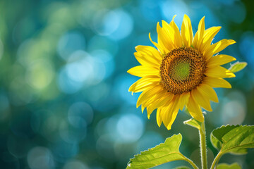 Vibrant Sunflower Against Blue Sky and Green Leaves Background in Nature's Beauty