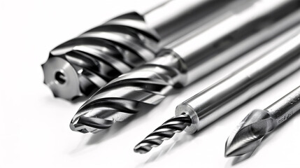 An array of precision carbide tools, including a spiral cutter and a detailed reamer, isolated for engineering and manufacturing professionals - obrazy, fototapety, plakaty