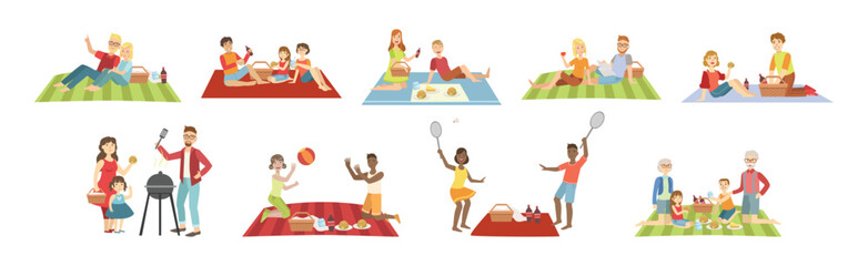 People Character Have Picnic in Park Sitting and Eating Vector Set