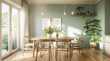 Bright, airy Scandinavian dining area showcasing a mid-century wooden table and chairs, complemented by a fresh green wall and natural light