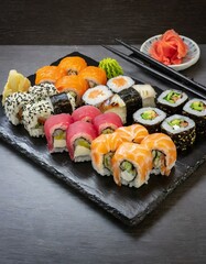 A colorful mix of sushi rolls, meticulously arranged on a sleek black platter