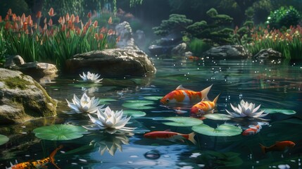 A serene Japanese koi pond with water lilies and swimming fish