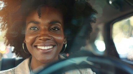 Obraz premium african american brunette woman driving a car in the city