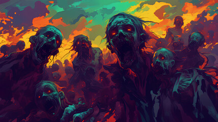 a group of scary 3d zombie invasion and dark atmosphere - obrazy, fototapety, plakaty
