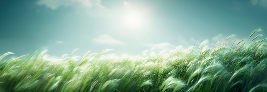 Soft green grass field moving in the wind. Nature spring background. Selective and soft focus of grass, flowers and wild plants moving by a blowing wind and illuminated by a golden sunset. Spring - Powered by Adobe