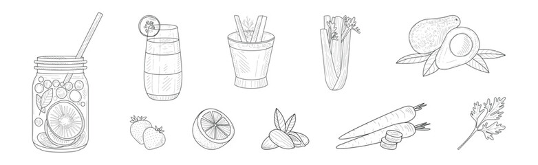 Smoothie Cocktail Ingredients with Fresh Fruit and Vegetable Linear Vector Set