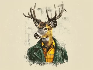 Poster Surreal Urban Deer in Plaid Shirt & Puffy Jacket with Graffiti Background - Whimsical Animal Artwork Blending Nature & City Style © Magic_Cat