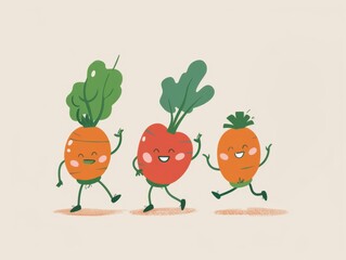 Playful Cartoon Veggie Family Workout - Carrot, Tomato & Turnip Characters Stretching & Exercising with Expressive Faces, Promoting Healthy Active Lifestyle