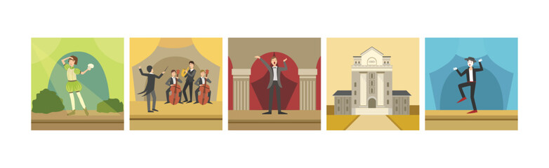 Theater Performance with People Character Show on Stage and Building Vector Set