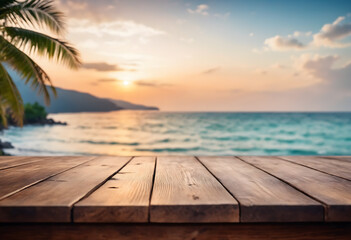 Fototapeta na wymiar Top of wood table with seascape and palm tree, blur bokeh light of calm sea and sky at tropical beach background