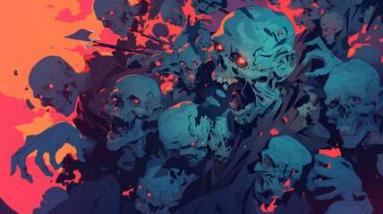 a group of scary 3d zombie invasion and dark atmosphere