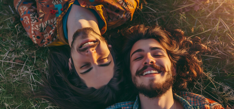 two men laying on back on grass laughing in sunshine wearing foil sunglasses