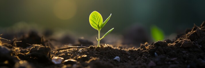Green seedling sprouts from rich dark soil reaching towards warm sun rays with copy space - obrazy, fototapety, plakaty