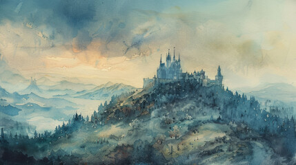 Mystical watercolor landscape with an enchanting castle atop rolling hills amidst a forest under a moody sky, ideal for fantasy-themed backgrounds and book covers