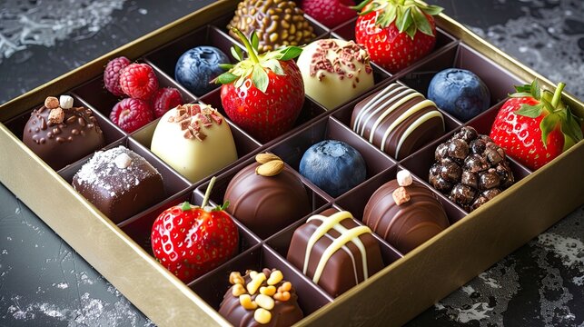 A gift box of fruits and chocolates, The chocolates are decorated with different toppings.