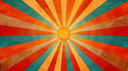 Vintage-style sunburst background with warm color gradient, ideal for retro-themed designs, creative copy space
