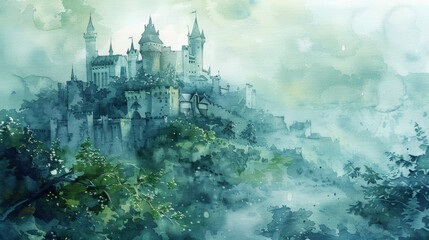 Naklejka premium Enchanting watercolor illustration of a fairytale castle amidst an ethereal misty landscape, with ample copy space, ideal for fantasy-themed designs and storybook backgrounds
