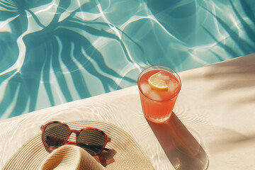 Straw hat, sunglasses and cocktail on swimming pool side.