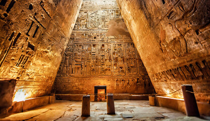 Panoramic view of the ancient egyptian hieroglyphs on temple walls