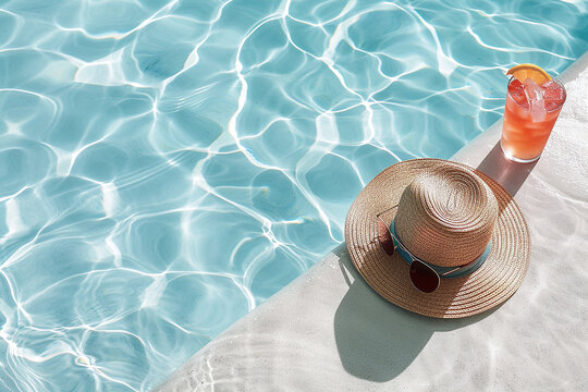 Straw hat, sunglasses and cocktail on swimming pool side.