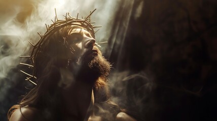 crown of thorns adorns a contemplative man in ethereal light. - obrazy, fototapety, plakaty