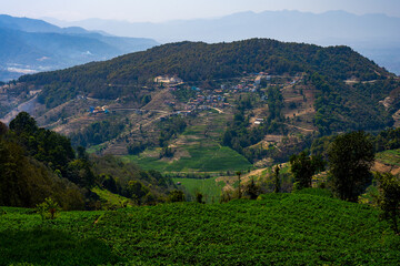 Fototapeta na wymiar Sweeping View of Terraced Fields and Lush Greenery in Dhulikhel, Nepal