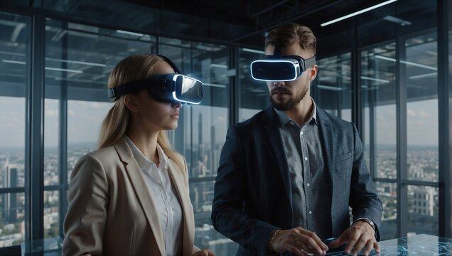 Male and Female Architects Wearing Augmented Reality Headsets Work with 3D City Model. High Tech Office Professional People Use Virtual Reality Modeling Software Application.