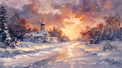 Watercolor winter landscape with a snow-covered path leading to a village and a church against a vibrant sunset sky, ideal for Christmas backgrounds with space for text