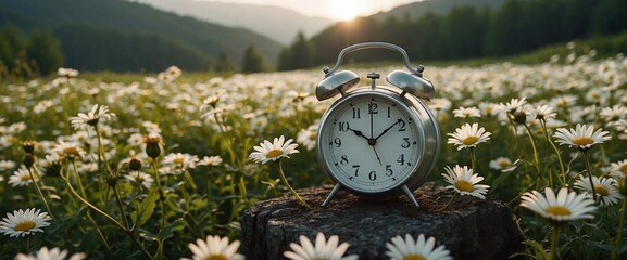 Daisy Morning: Alarm Clock with White Dial amidst Flower Field.
