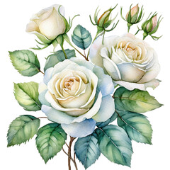 White roses with branch watercolor illustration. hand drawn, isolated white background, flower clipart. for bouquets, wreaths, arrangements, wedding invitations, ,  postcards, greeting card