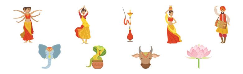 Travel to India with Man and Woman Character in Authentic Wear Vector Set