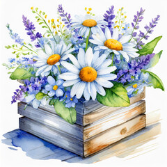 Watercolor bouquet of white blossom flowers chamomile and violet bluebell in white gray wooden box