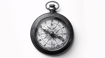 an old black and white compass in white background.