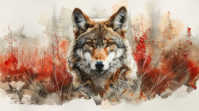 Artistic watercolor painting of a wolf with a vibrant abstract forest background, suitable for wildlife themes, with space for text