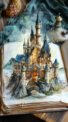 Fantasy castle illustration in an open storybook with snowy effect, ideal for backgrounds or conceptual designs related to fairy tales, imagination, or childhood dreams © fotogurme