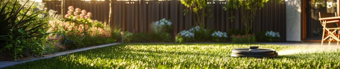 A backyard with a robotic lawn mower and automated sprinkler system - obrazy, fototapety, plakaty