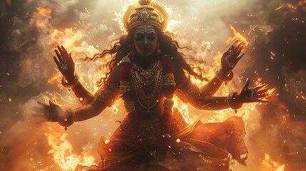 goddess Kali Ma performing the dance of creation, preservation and destruction, Hindu deity, goddess of death and destruction - obrazy, fototapety, plakaty